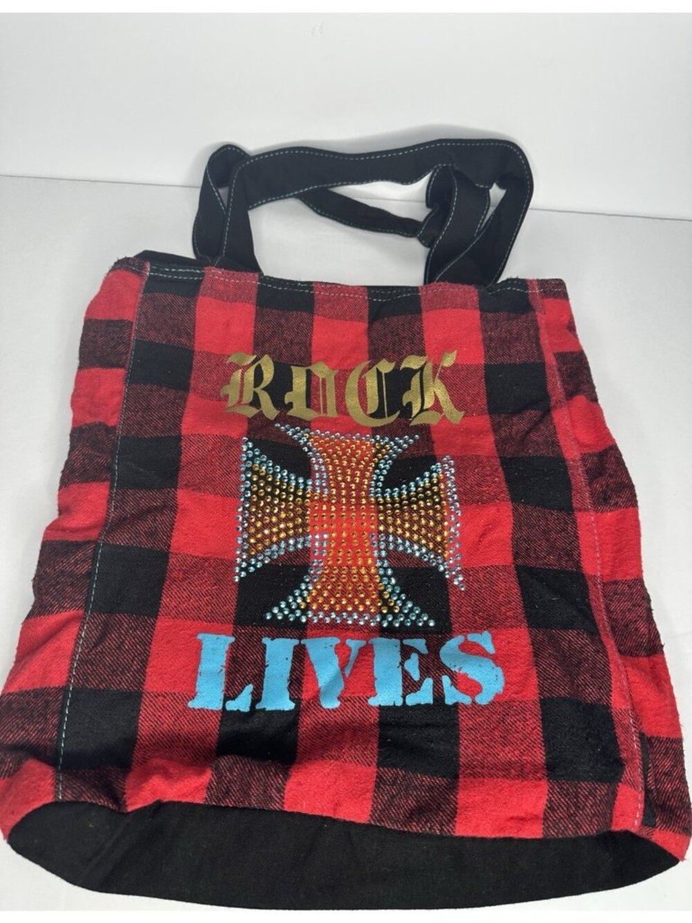 Tote Bag Rock Lives Templar Iron Cross Sequins Flannel Checkers Lined Zip Pocket